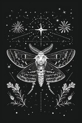 Celestial skeleton moth surrounded by occult symbolism, folk monochrome art, 