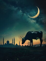 This image is created for Islamic events like Eid ul Adha , cow, poster and copy space - generative ai