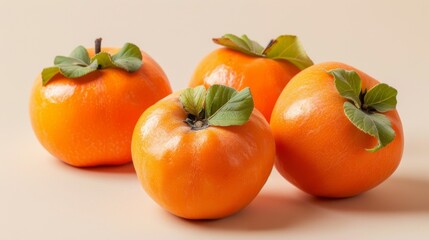 Wall Mural - Close-up of three fresh, ripe, vibrant persimmons with juicy texture and green leaves