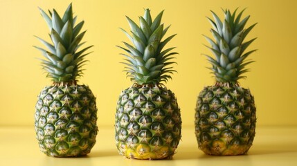 Wall Mural - Three fresh pineapples on a vibrant yellow background offering a tropical and sweet visual display