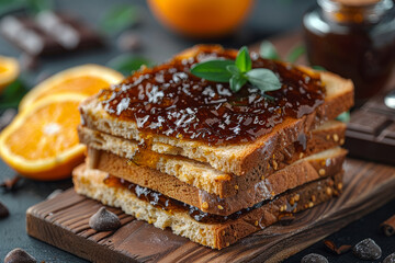 Poster - A zesty orange marmalade spread on a slice of crusty bread, complemented by a thin layer of bitter dark chocolate. Concept of breakfast indulgence and flavor pairing. Generative Ai.