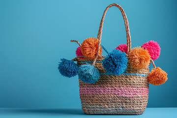 Poster - A handwoven straw tote bag adorned with colorful pom-poms, perfect for a day at the beach or a weekend getaway. Concept of summer fashion and resort wear. Generative Ai.