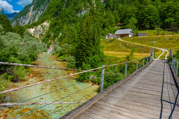 Poster - wooden bridge over soca river in Slovenia