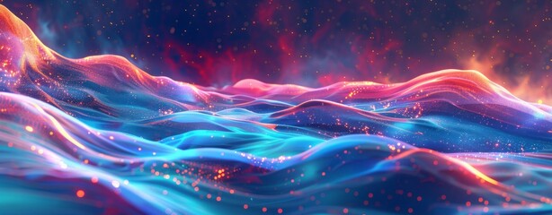 Wall Mural - Abstract background with colorful sound waves and wave forms. Abstract digital landscape with glowing neon lights. Futuristic networking connections