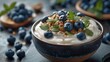 Yogurt bowl and blueberries on table, top view