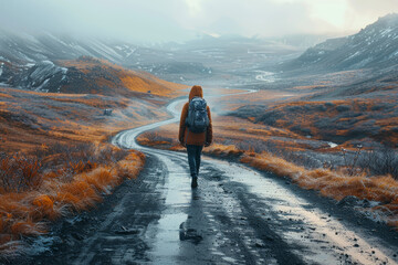 Poster - a symbolic image of a lone traveler on a winding road, signifying the journey of self-discovery and 