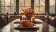 A cozy autumn dining room with pumpkin decor and a view of fall foliage outside the window.