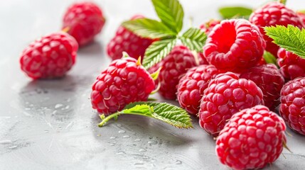 Wall Mural - Close-up of fresh juicy red raspberries with organic green leaves and water droplets