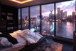 A large bedroom with a view of the city. The room is decorated with a black bed, a white bedspread, and a black and white rug. The room has a modern and sophisticated feel