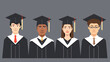 Flat illustration of five different multiethnic graduates in black caps and gowns with diplomas on a gray background. From copy space