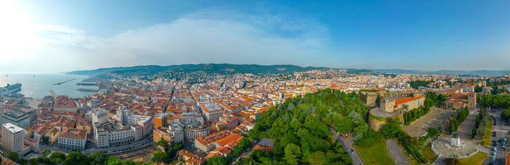 Aerial view of Castello di San Giusto and Cattedrale di San Giusto Martire in Italian city Trieste