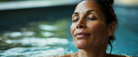 Wall Mural - Lifestyle portrait of beautiful mature woman relaxing in luxury spa hot tub pool