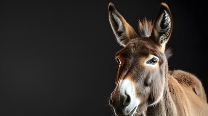 portrait of a donkey, photo studio set up with key light, isolated with black background and copy space 