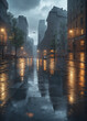 夜、雨の日の街