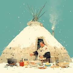 Warm Indigenous Family Gathering in a Snow-Covered Hogan with Traditional Healing Ceremony