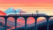 A modern high-speed train crosses an old bridge. A modern train travels by rail to the lobby of a beautiful mountain landscape. Vector illustration of train travel. Vector.