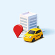 Yellow taxi, office building, geolocation, 3D. Taxi near the office. Banner for taxi service concept. Vector