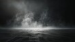 Abstract Image of a Dark Room with Concrete Floor: Black Room or Stage Background for Product Placement. Panoramic View of Abstract Fog: White Cloudiness, Mist, or Smog Moving on a Black Background.