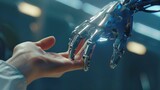 Fototapeta Natura - Robot hand about to touch a human hand. generative ai