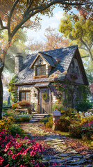 This enchanting image captures a picturesque stone cottage with a thatched roof surrounded by a vibrant and lush garden, evoking warmth and hospitality