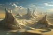 An imaginative depiction of a desert with sand dunes and spire-like structures under a clouded sky, invoking otherworldly exploration