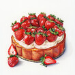 Drawn cake with strawberries. Sweet delicious cake on the menu, sour cream, sweet cakes and delicious fruits.