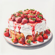 Drawn cake with strawberries. Sweet delicious cake on the menu, sour cream, sweet cakes and delicious fruits.