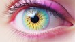 Healthy vision or eyesight with optometry treatment concept. Tired female eye with beautiful rainbow pupil. Closeup of a girl with contact lens and unusual pupil with iris color.