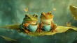 frogs sitting on a leaf together having a cup of tea