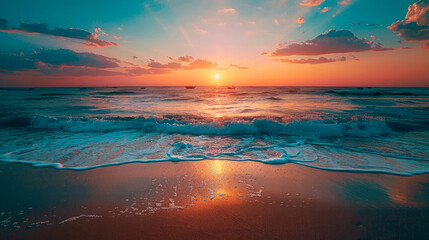 Poster - Sea sand, sky, sunset colors clouds beachfront horizon. Inspire waves beams, meditation nature landscape, beautiful colors, wonderful scenery of tropical beach. Beachside travel summer vacation