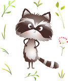 Fototapeta Dinusie - Cute funny angry raccoon animal character for kids. Playful emotional raccoon design for kids story or project. Vector animal, lovely character illustrated in watercolor style for children.