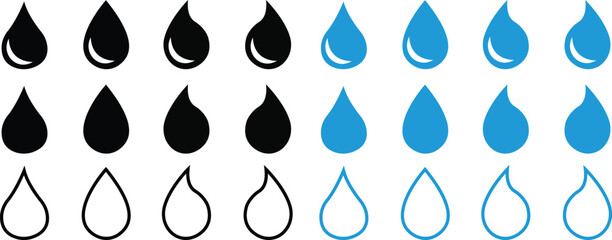 Wall Mural - Water drop shape. Blue and black water drops set. Water or oil drop. Flat and line style Isolated on transparent background - stock vector collection for apps or website