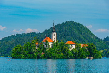 Canvas Print - Assumption of Maria church at lake Bled in Slovenia