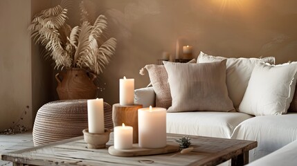 Wall Mural - Modern house interior details. Simple cozy beige living room interior with white sofa, decorative pillows, wooden table with candles and natural decorations