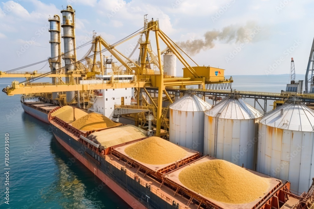 Container Load Grain Loading grain into holds of sea cargo vessel through an automatic line ...