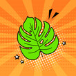 Comic leaf palm icon, tropical monstera plant, summer fern on orange background, foliage in pop art style. Cartoon jungle vector illustration