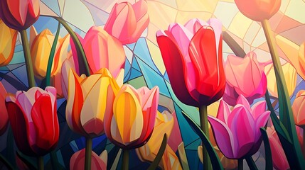 Wall Mural - Vibrant Splendor: A Masterful Brushstroke Captures the Timeless Beauty of Tulips in a Mesmerizing Painting, Evoking Nature's Elegance and Colorful Charm