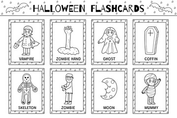 Sticker - Halloween flashcards black and white collection for kids. Flash cards set in outline  with cute spooky characters for school and preschool. Learning to read activity for children. Vector illustration