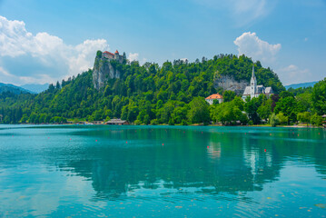 Canvas Print - Saint Martin church and Bled castle in Slovenia