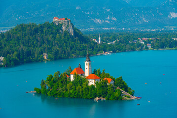 Canvas Print - Assumption of Maria church and Bled Castle at lake Bled in Slove