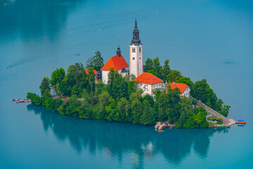 Canvas Print - Assumption of Maria church at lake Bled in Slovenia