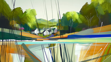 Wall Mural - Abstract landscape painting of English countryside, oil on canvas