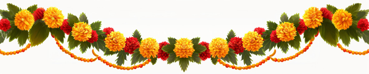 Wall Mural - Orange and red marigold flowers isolated on white background. Chinese mid autumn festival or toran Indian traditional Diwali decoration. Symbol of mexican holiday Day of dead