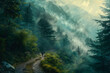 Dramatic foggy misty mountain landscape with fir forest and road in the mountains. Natural background
