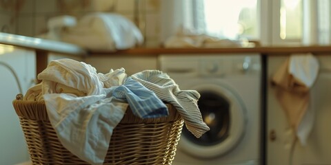 Wall Mural - A basket full of clothes is sitting on a counter next to a washing machine