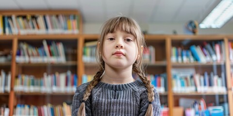 Wall Mural - A young girl with braided hair is standing in front of a library with a book in