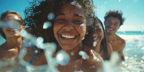 Poster - A group of people are smiling and splashing water at each other