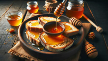 Fresh Honey Is Being Poured From A Honey Dipper Onto Slices Of Bread
