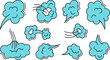 Cartoon fart cloud icon, smoke poof doodle, comic breath, air, steam puff, dust or flatulence, smell pop, cute gas bubble set isolated on white background. Aroma vector illustration