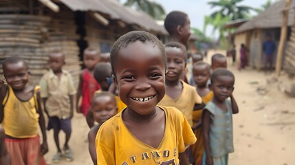 Wall Mural - children of cte divoire, A smiling child in a yellow shirt with other children in the background in a rural village setting. 